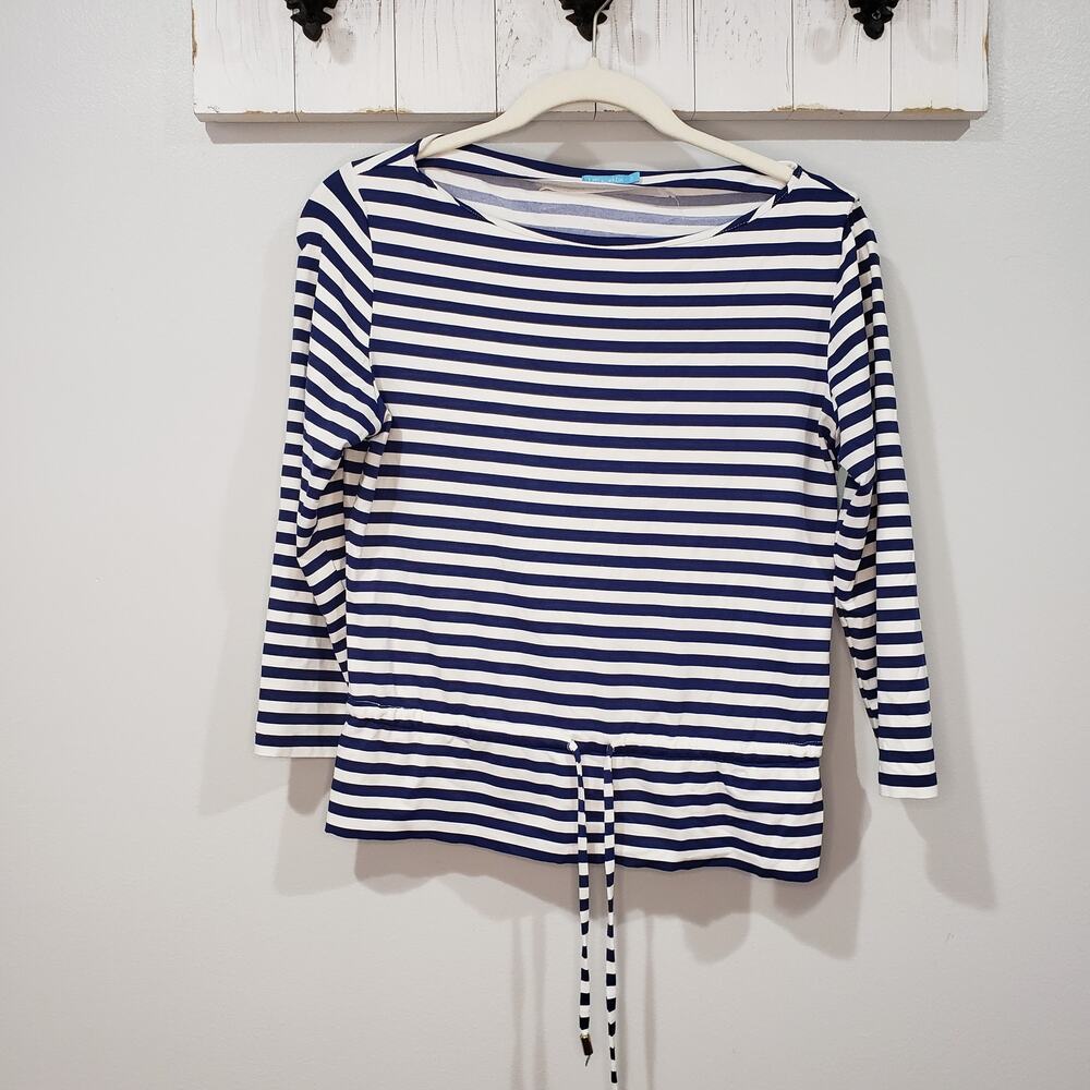 J McLaughlin Womens S Navy White Striped Top Boat Neck 3/4 Sleeve Nautical